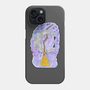 Silver Moon and Witch Broomstick Against the Starry Night Sky Hand Drawn Watercolor and Ink Artwork Phone Case