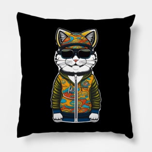 Cute Cartoon Cat in Jacket, Cap, and Sunglasses 5 Pillow