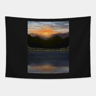 Radiant Mountain sunset by a lake with reflections Tapestry