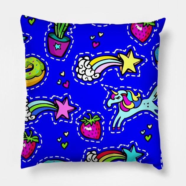 1980's Neck Gator Rainbows Unicorns Donuts Cactus Strawberries Blue 80's Neck Gator Pillow by DANPUBLIC