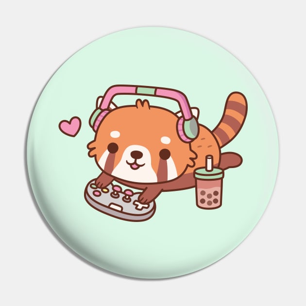 Cute Red Panda Gamer Chilling With Video Games Pin by rustydoodle