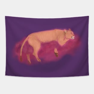 Mystic mountain lion sleeping in pink clouds Tapestry