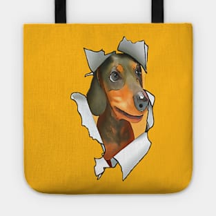 Cartoon Style Dachshund Poking Its Head Through Ripped Paper Tote