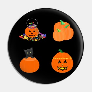 Halloween Pumpkins, Candy and Black Cat (Black Background) Pin