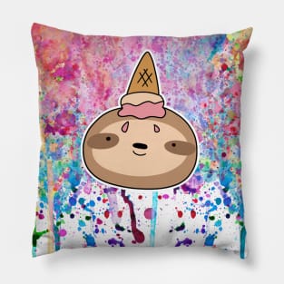 Icecream Cone Sloth Face Rainbow Paint drip Pillow