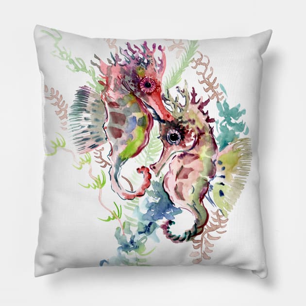 Seahorse, soft Coral Pink Gray artwork Pillow by surenart