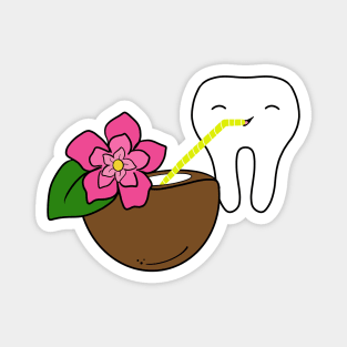 Cute Molar drinking coconut water illustration - for Dentists, Hygienists, Dental Assistants, Dental Students and anyone who loves teeth by Happimola Magnet