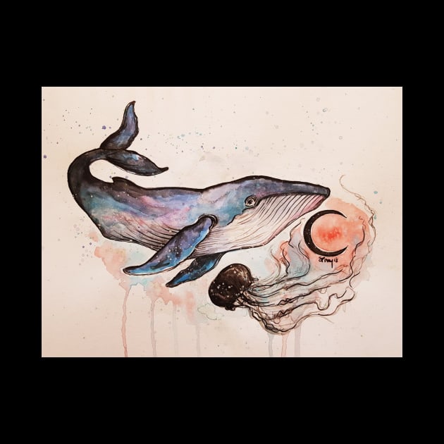 Whale and jelly in the light of the moon by StephaniePerryArt