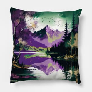 Purple and Green Duotone Mountain Lake Pillow