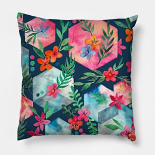 Whimsical Hexagon Garden on Blue Pillow