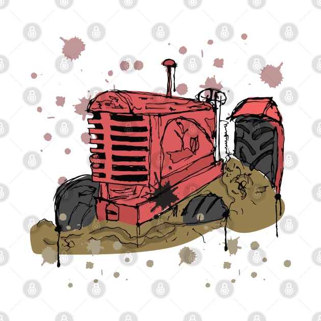 Abandoned red tractor watercolor sketch by linespace-001