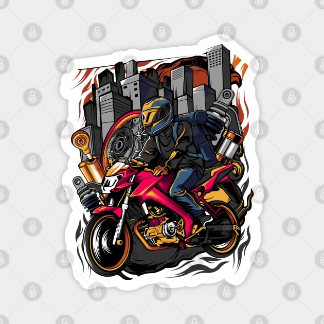 Man wearing helmet riding motorcycle Magnet by Mako Design 