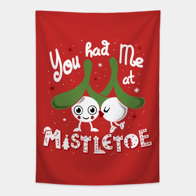 You Had Me at Mistletoe - Cute Kissing Xmas Cartoon Tapestry by Nemons