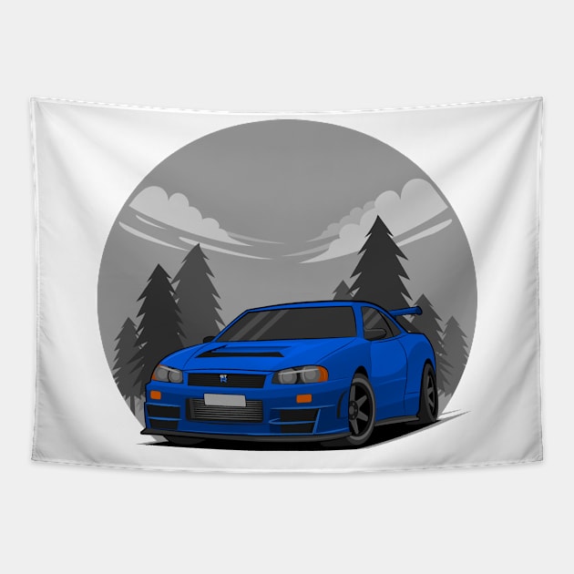 blue gtr35 car Tapestry by enha design