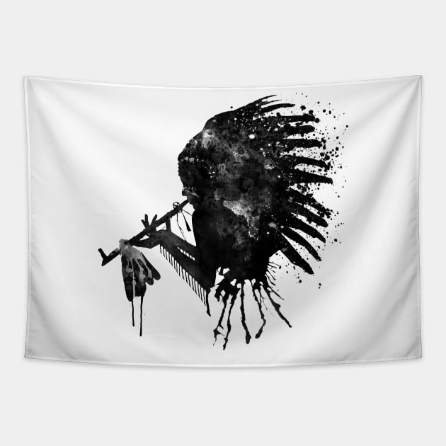 Indian with Headdress Black and White Silhouette Tapestry by Marian Voicu