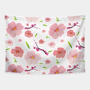 Tropical Pink Hibiscus and Sakura Flower Background Tapestry