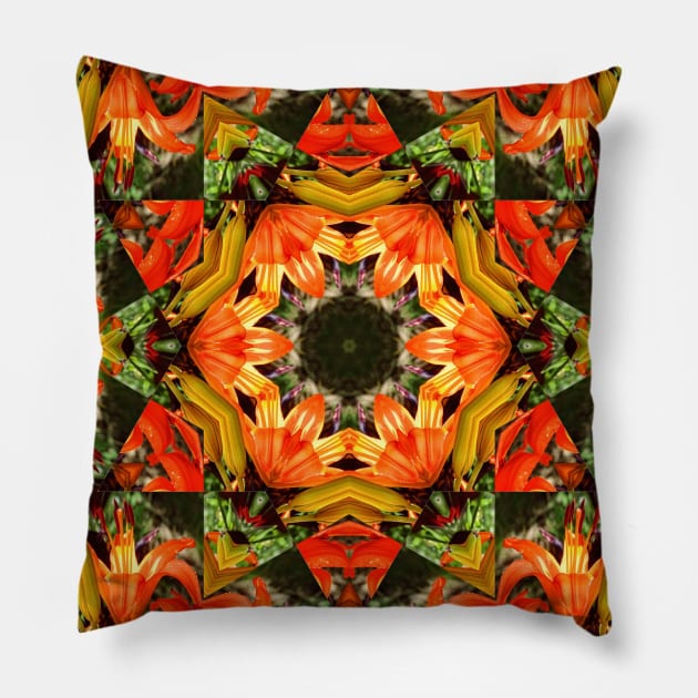 Mandala Kaleidoscope in Shades of Yellow, Orange, and Green Pillow by Crystal Butterfly Creations