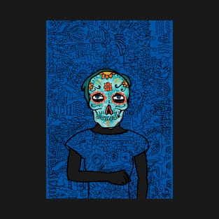 100: Vibrant Blue-Eyed Female Mexican Mask NFT with a Planetary Glyph Background T-Shirt