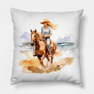 Horseback Beach Riding Watercolor Pillow