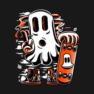 Skater Ghost Halloween Funny Orange T-Shirt