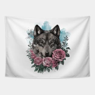 Colorful Wolf With Flowers | Vibrant Wildlife Art for Nature Lovers Tapestry