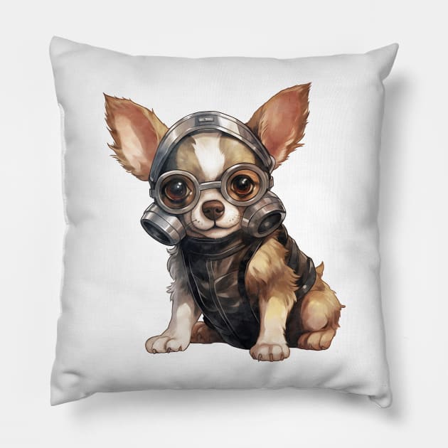 Chihuahua Dog Wearing Gas Mask Pillow by Chromatic Fusion Studio