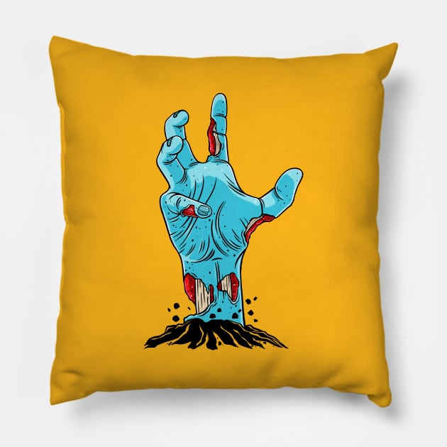 Creepy Zombie Cartoon Hand Rising from the Grave Pillow by OccultOmaStore