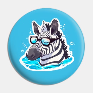 A zebra with glasses is resting in the water. Pin