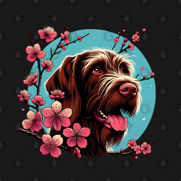 Wirehaired Pointing Griffon Joy in Spring with Cherry Blossoms and Flowers by ArtRUs