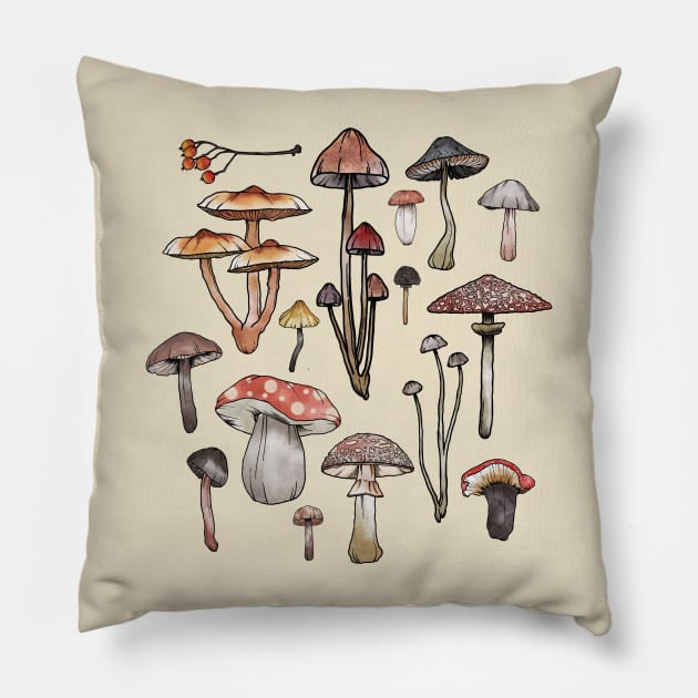 Watercolor Mushrooms Fungi Cottagecore Goblincore Pillow by uncommontee