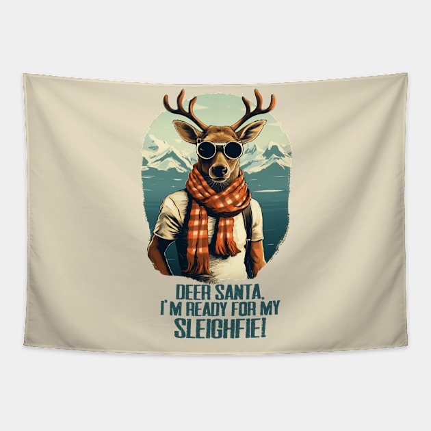 Reindeer Sleighfie: Festive Selfie Reindeer Tapestry by Abystoic