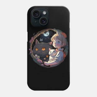 Whimsical Anime Duo: Little Girl and White Black Cat Phone Case