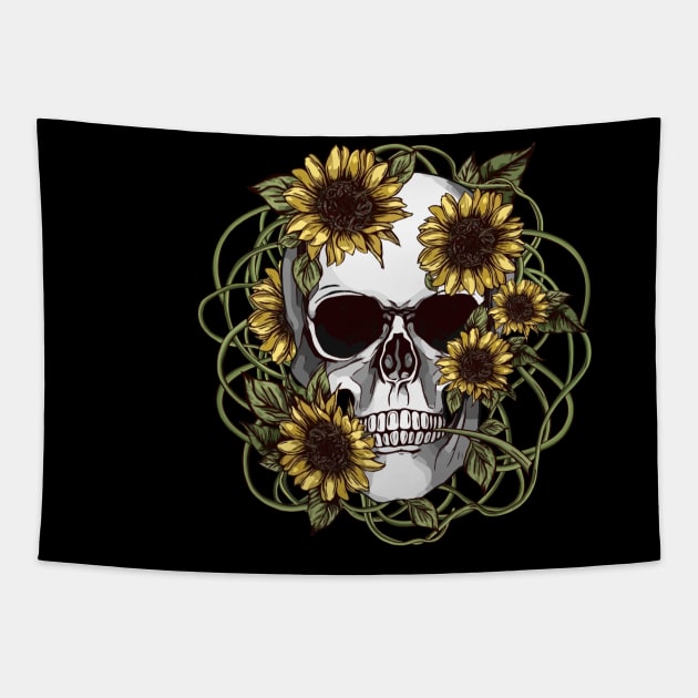 floral skull, cool skull, sunflowers skull mask face Tapestry by Collagedream