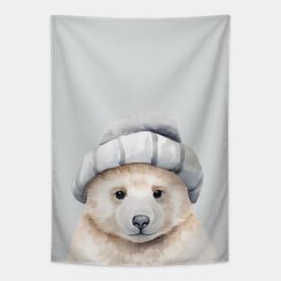 Funny baby polar bear wearing a bonnet in watercolor Tapestry