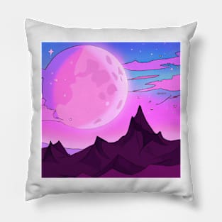 Mesmerizing Pink and Purple Moon Over Majestic Mountain Range Pillow