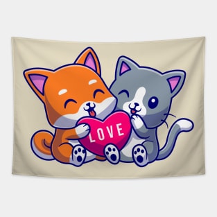 Cute Cat and Cute Dog Holding Love Cartoon Tapestry