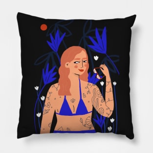 Summer and beach - Girl with tattoos in bikini Pillow