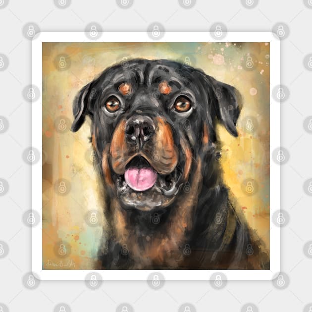 Painting of a Gorgeous Rottweiler with Its Tongue Out on Orange Background Magnet by ibadishi