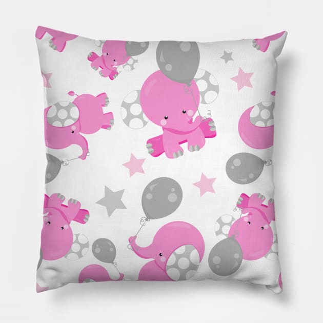 Pattern Of Pink Elephants, Cute Elephants, Stars Pillow by Jelena Dunčević