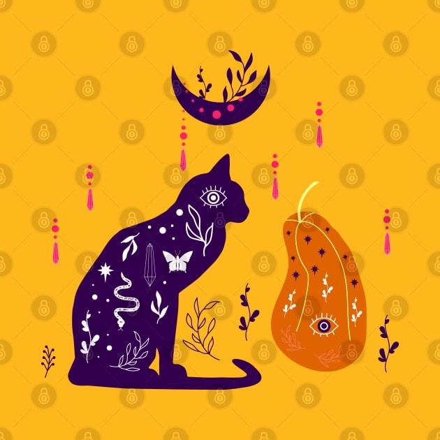 Magical illustration with pumpkin, moon, black cat by Nataliia1112