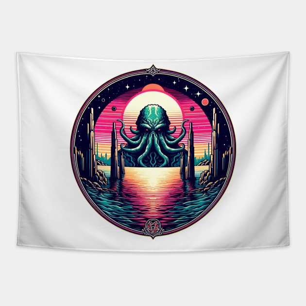 Retro Wave Awakening: Cthulhu's Resurgence from R'lyeh Tapestry by MysticVault