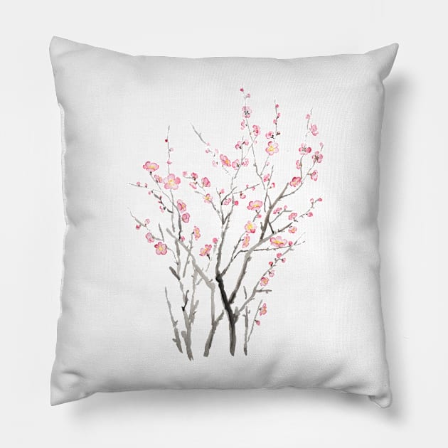 red plum flower watercolor painting 2021 Pillow by colorandcolor