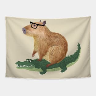 Funny Capybara Riding On a Crocodile Tapestry