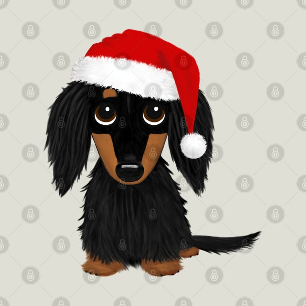 Longhaired Black and Tan Dachshund with Santa Hat Cute Christmas Dog by Coffee Squirrel