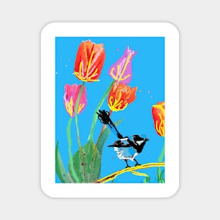 Abstract Blue Wren and Tulips Painting - on Blue Magnet