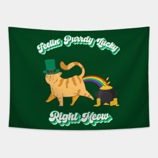 Feelin' Purrdy Lucky Right Meow, Funny Cat Leprechaun Rainbow Pot of Gold Tapestry