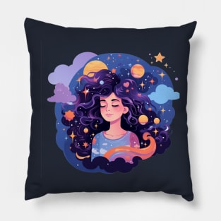 Woman with sweet dreams concept Young girl with galaxy and universe at hairs Pillow