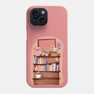 Cute Bookshelf with Flowers and Books and Coffee Cup Phone Case