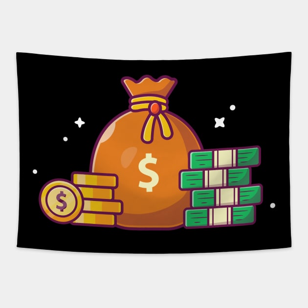 Sack of money with stock of coins cartoon Tapestry by Catalyst Labs