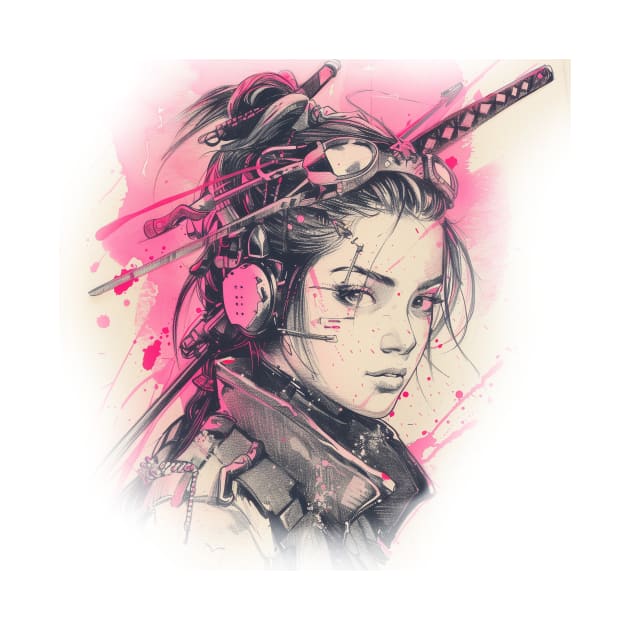 Samurai Girl Pink Cyber Sketch Art by Vlaa